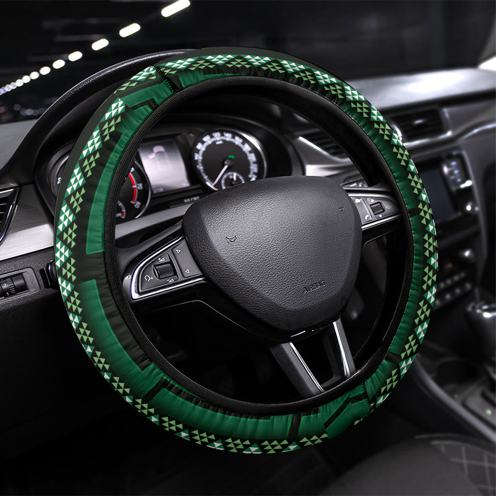 New Zealand Manta Ray Steering Wheel Cover Maori Tukutuku Taniko Motifs Green