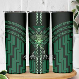 New Zealand Manta Ray Skinny Tumbler Maori Tukutuku Taniko Motifs Green