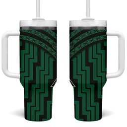 New Zealand Manta Ray Tumbler With Handle Maori Tukutuku Taniko Motifs Green