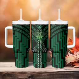 New Zealand Manta Ray Tumbler With Handle Maori Tukutuku Taniko Motifs Green