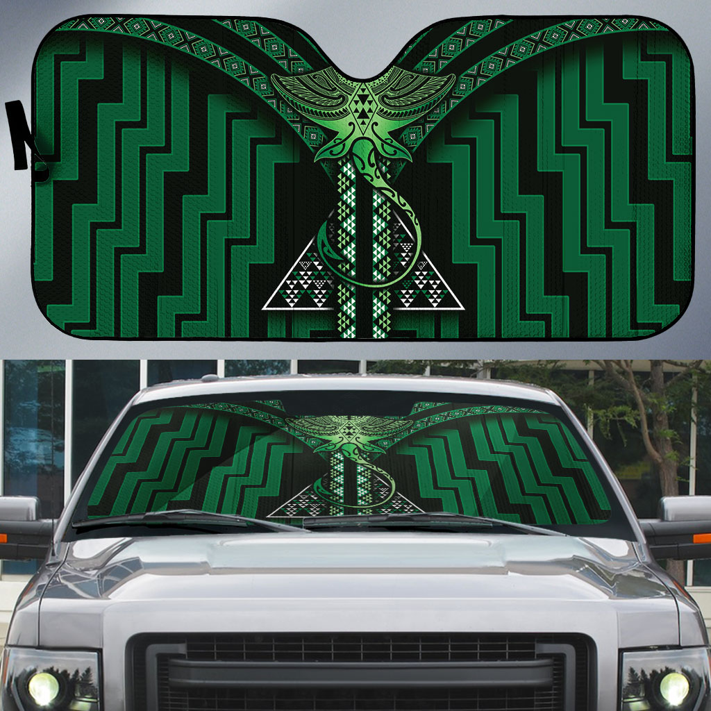 New Zealand Manta Ray Auto Sun Shade Maori Tukutuku Taniko Motifs Green