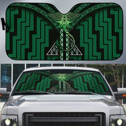 New Zealand Manta Ray Auto Sun Shade Maori Tukutuku Taniko Motifs Green