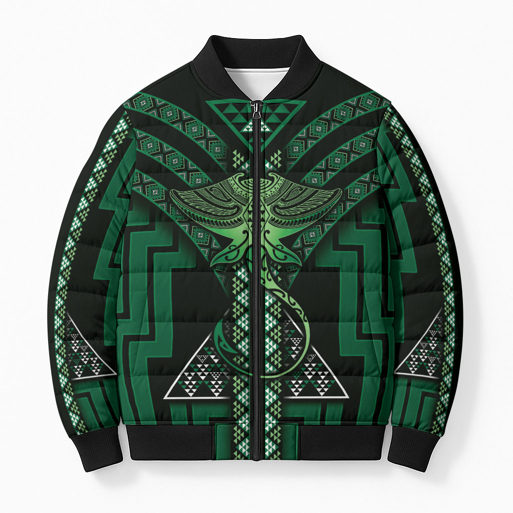 New Zealand Manta Ray Bomber Puffer Jacket Maori Tukutuku Taniko Motifs Green