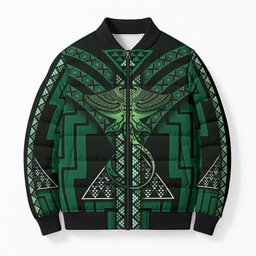 New Zealand Manta Ray Bomber Puffer Jacket Maori Tukutuku Taniko Motifs Green