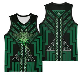 New Zealand Manta Ray Basketball Jersey Maori Tukutuku Taniko Motifs Green