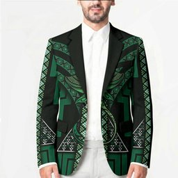 New Zealand Manta Ray Blazer Maori Tukutuku Taniko Motifs Green