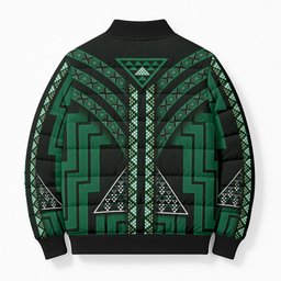 New Zealand Manta Ray Bomber Puffer Jacket Maori Tukutuku Taniko Motifs Green