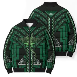 New Zealand Manta Ray Bomber Puffer Jacket Maori Tukutuku Taniko Motifs Green