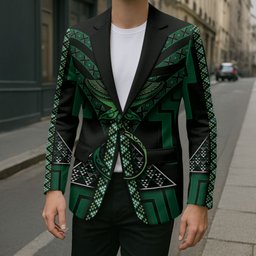 New Zealand Manta Ray Blazer Maori Tukutuku Taniko Motifs Green
