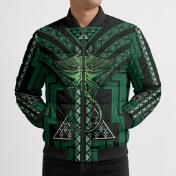New Zealand Manta Ray Bomber Puffer Jacket Maori Tukutuku Taniko Motifs Green