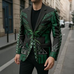 New Zealand Manta Ray Blazer Maori Tukutuku Taniko Motifs Green