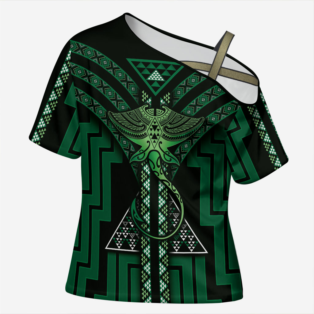 New Zealand Manta Ray Cross Shoulder Shirt Maori Tukutuku Taniko Motifs Green
