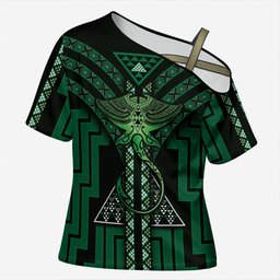 New Zealand Manta Ray Cross Shoulder Shirt Maori Tukutuku Taniko Motifs Green