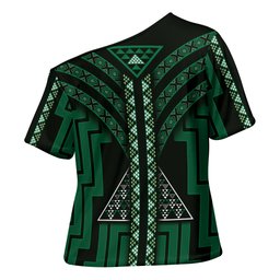 New Zealand Manta Ray Cross Shoulder Shirt Maori Tukutuku Taniko Motifs Green
