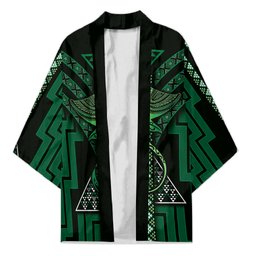 New Zealand Manta Ray Kimono Maori Tukutuku Taniko Motifs Green