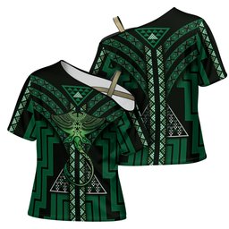 New Zealand Manta Ray Cross Shoulder Shirt Maori Tukutuku Taniko Motifs Green