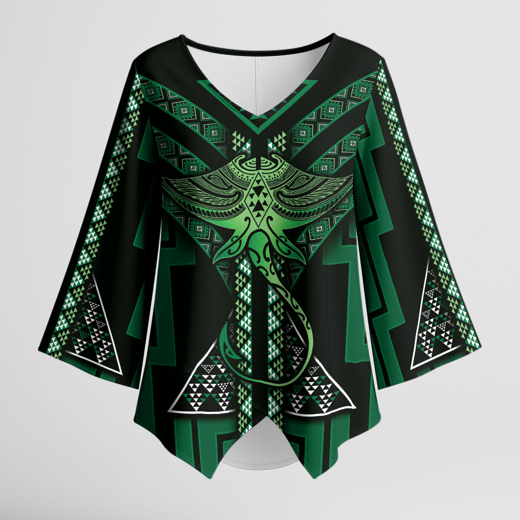 New Zealand Manta Ray Kimono Sleeve Blouse Maori Tukutuku Taniko Motifs Green