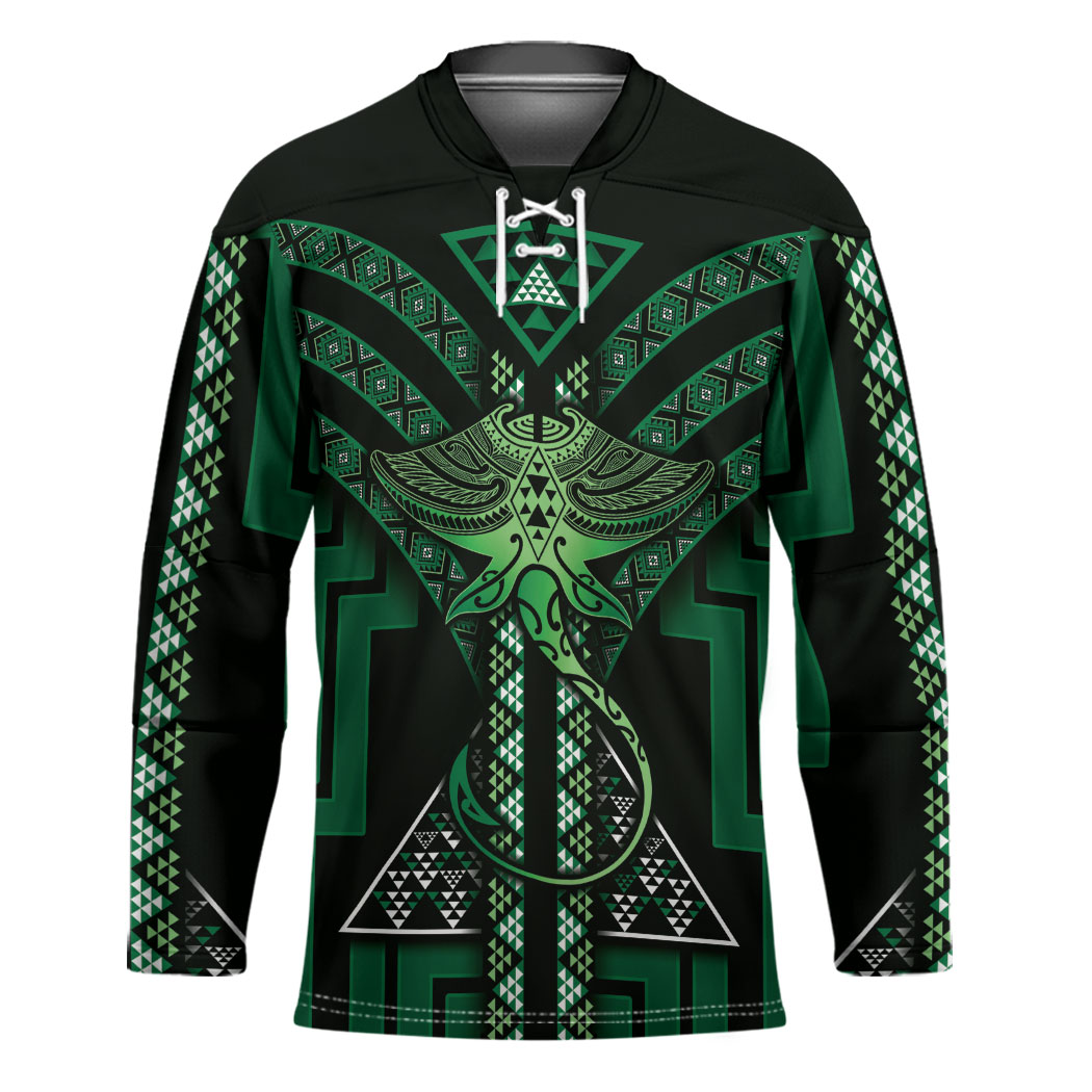 New Zealand Manta Ray Hockey Jersey Maori Tukutuku Taniko Motifs Green