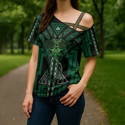 New Zealand Manta Ray Cross Shoulder Shirt Maori Tukutuku Taniko Motifs Green