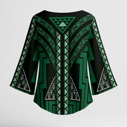 New Zealand Manta Ray Kimono Sleeve Blouse Maori Tukutuku Taniko Motifs Green