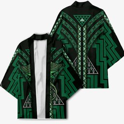 New Zealand Manta Ray Kimono Maori Tukutuku Taniko Motifs Green