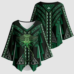 New Zealand Manta Ray Kimono Sleeve Blouse Maori Tukutuku Taniko Motifs Green