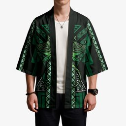 New Zealand Manta Ray Kimono Maori Tukutuku Taniko Motifs Green