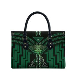 New Zealand Manta Ray Leather Bag Maori Tukutuku Taniko Motifs Green