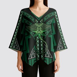 New Zealand Manta Ray Kimono Sleeve Blouse Maori Tukutuku Taniko Motifs Green