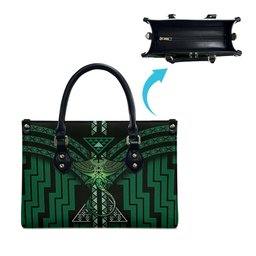 New Zealand Manta Ray Leather Bag Maori Tukutuku Taniko Motifs Green