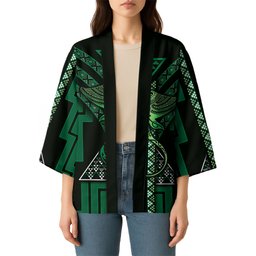New Zealand Manta Ray Kimono Maori Tukutuku Taniko Motifs Green