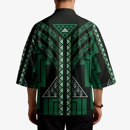 New Zealand Manta Ray Kimono Maori Tukutuku Taniko Motifs Green