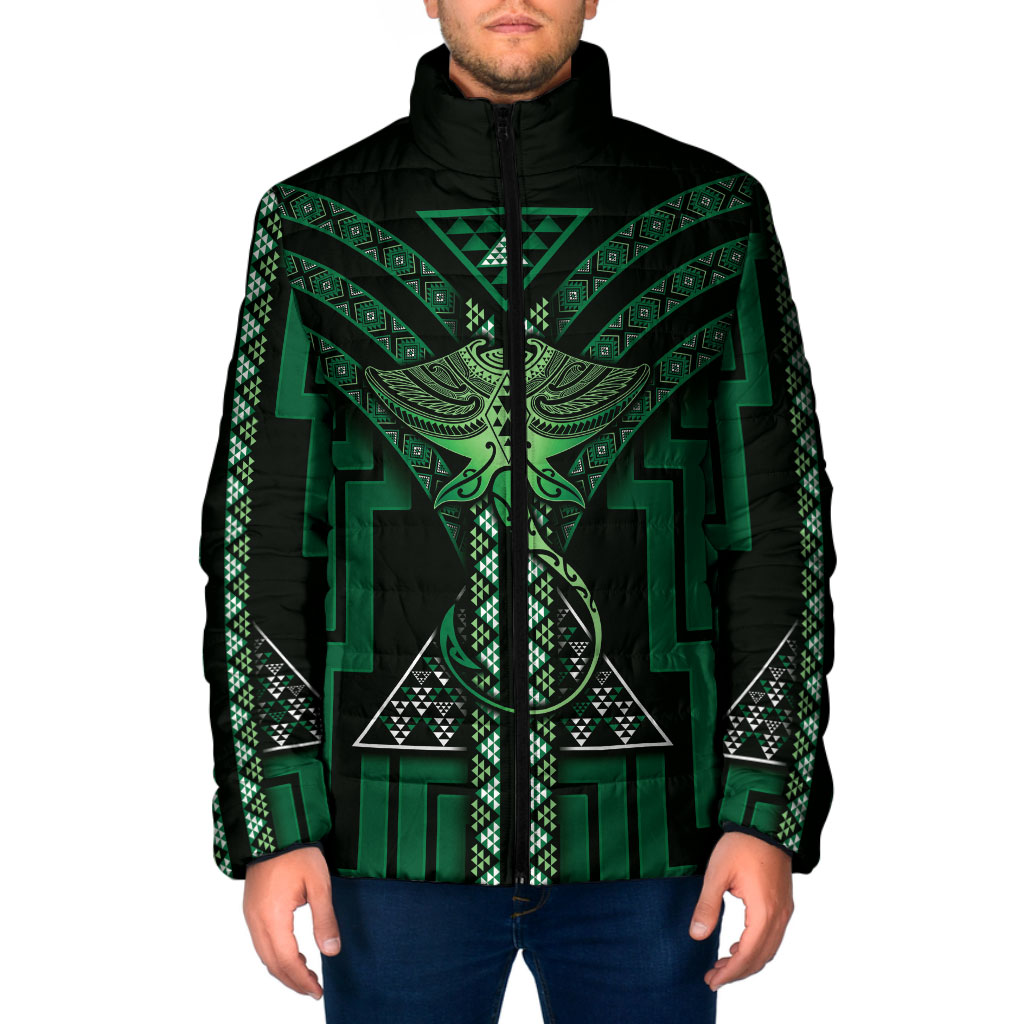 New Zealand Manta Ray Padded Jacket Maori Tukutuku Taniko Motifs Green