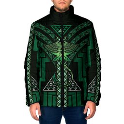 New Zealand Manta Ray Padded Jacket Maori Tukutuku Taniko Motifs Green