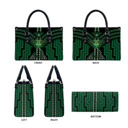 New Zealand Manta Ray Leather Bag Maori Tukutuku Taniko Motifs Green