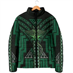 New Zealand Manta Ray Padded Jacket Maori Tukutuku Taniko Motifs Green