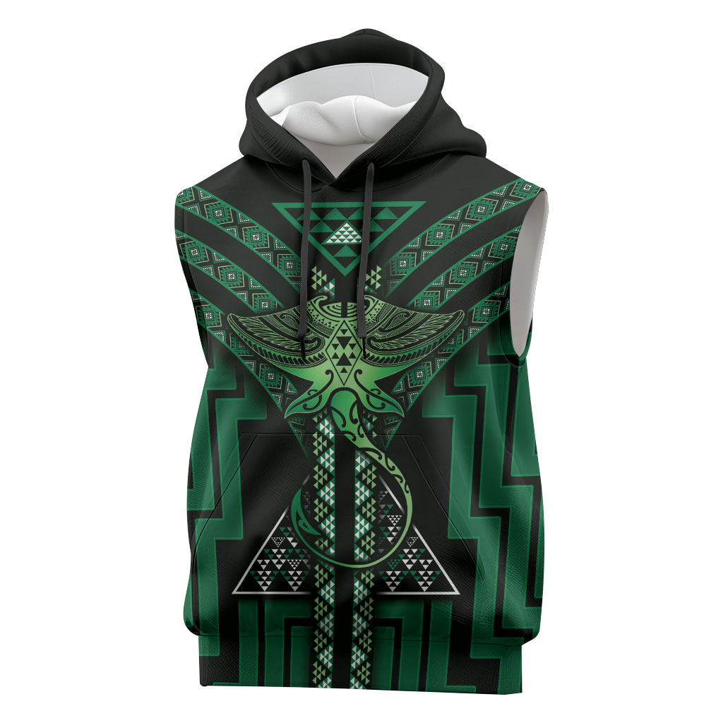 New Zealand Manta Ray Sleeveless Hoodie Maori Tukutuku Taniko Motifs Green