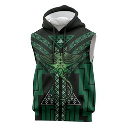 New Zealand Manta Ray Sleeveless Hoodie Maori Tukutuku Taniko Motifs Green
