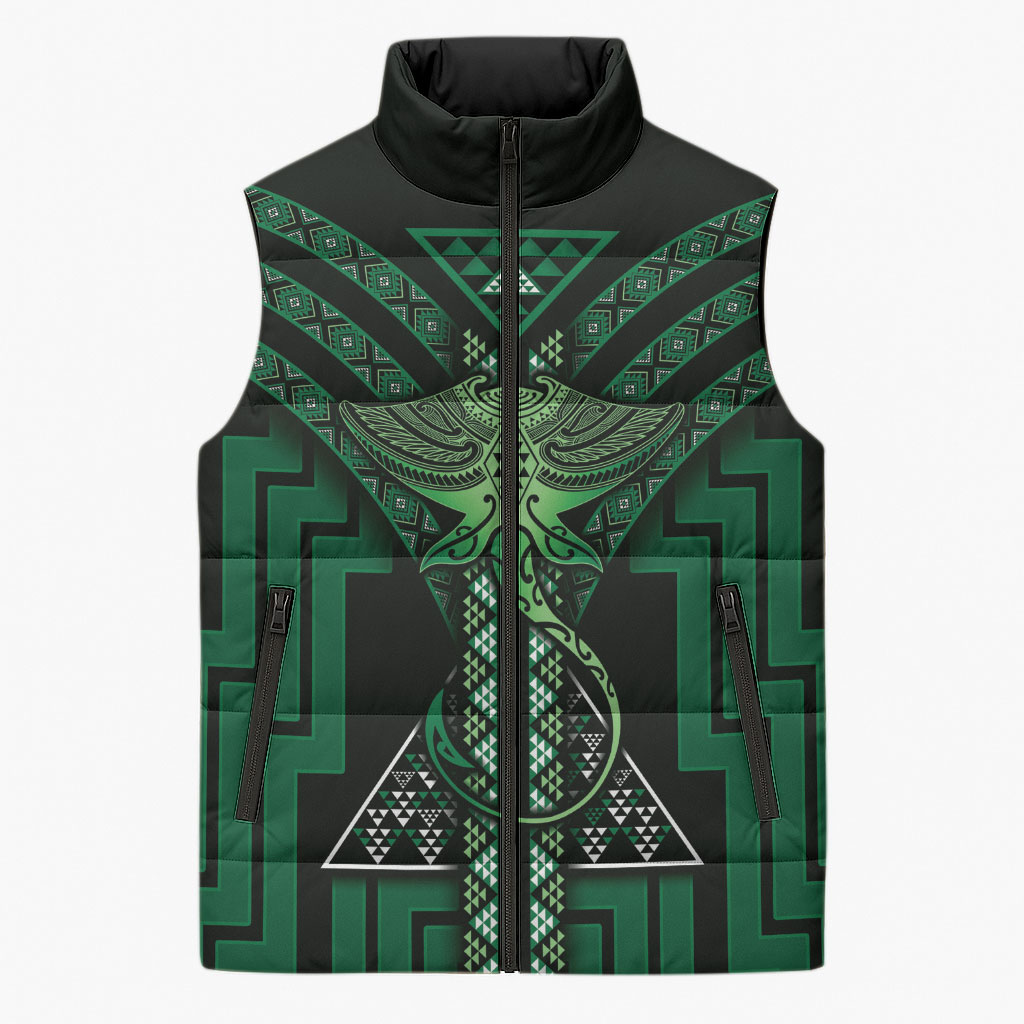 New Zealand Manta Ray Sleeveless Puffer Jacket Maori Tukutuku Taniko Motifs Green