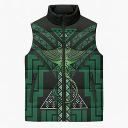 New Zealand Manta Ray Sleeveless Puffer Jacket Maori Tukutuku Taniko Motifs Green