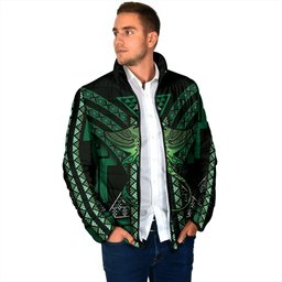 New Zealand Manta Ray Padded Jacket Maori Tukutuku Taniko Motifs Green