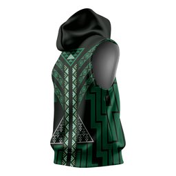 New Zealand Manta Ray Sleeveless Hoodie Maori Tukutuku Taniko Motifs Green