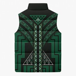 New Zealand Manta Ray Sleeveless Puffer Jacket Maori Tukutuku Taniko Motifs Green