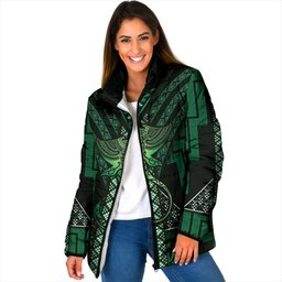New Zealand Manta Ray Padded Jacket Maori Tukutuku Taniko Motifs Green