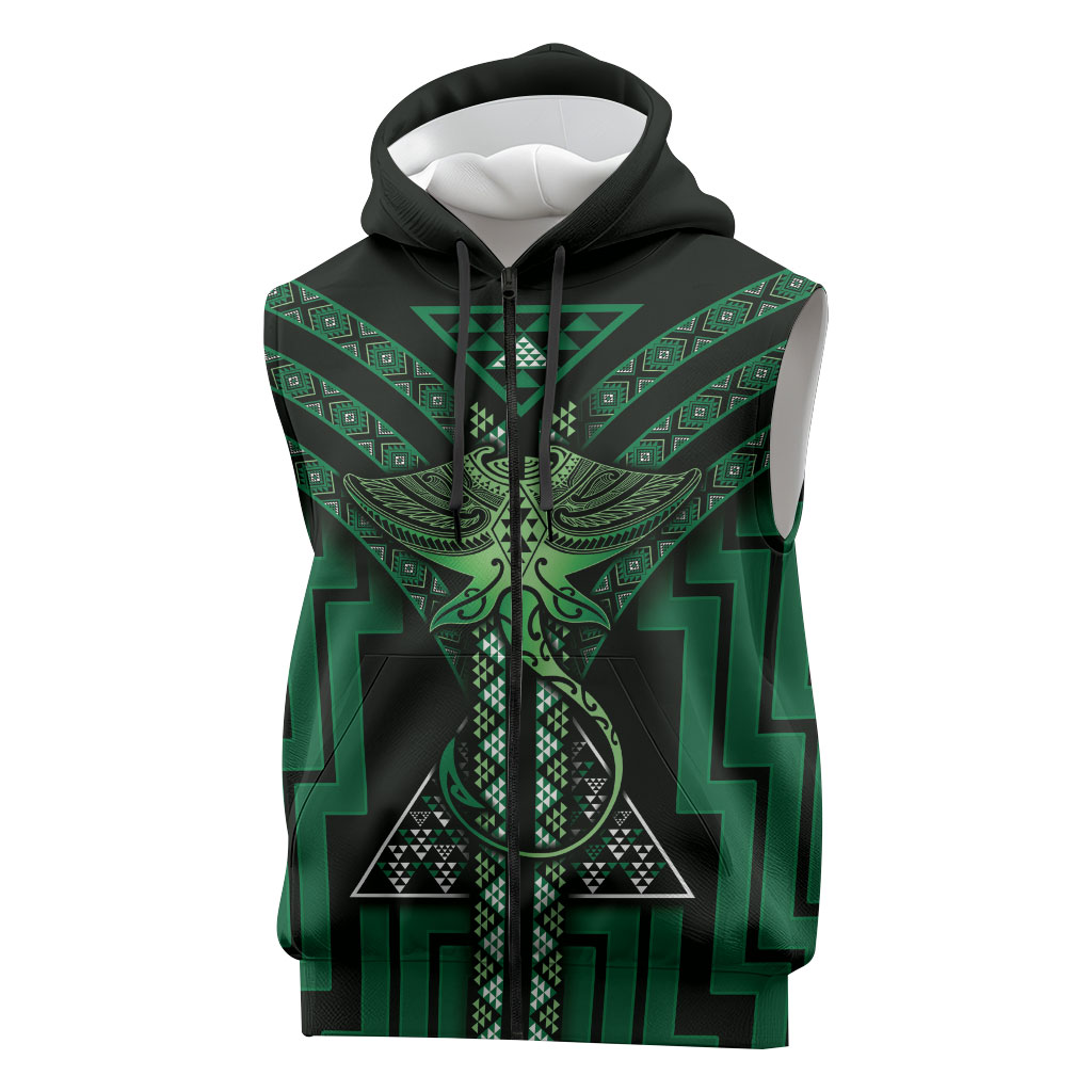 New Zealand Manta Ray Sleeveless Zip Hoodie Maori Tukutuku Taniko Motifs Green