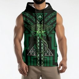 New Zealand Manta Ray Sleeveless Hoodie Maori Tukutuku Taniko Motifs Green