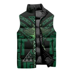 New Zealand Manta Ray Sleeveless Puffer Jacket Maori Tukutuku Taniko Motifs Green