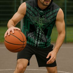 New Zealand Manta Ray Sleeveless Hoodie Maori Tukutuku Taniko Motifs Green