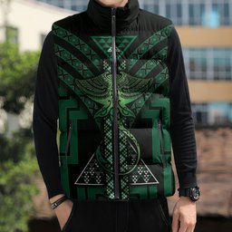 New Zealand Manta Ray Sleeveless Puffer Jacket Maori Tukutuku Taniko Motifs Green