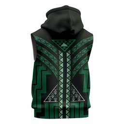 New Zealand Manta Ray Sleeveless Zip Hoodie Maori Tukutuku Taniko Motifs Green